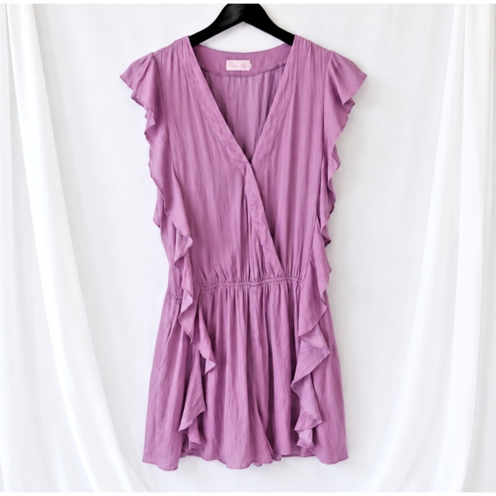 Pink Lily Ruffle Sleeve Romper Womens Size L Mauve Purple Wrap Front Boho Flowy